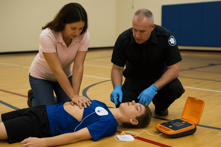 Bystander performing CPR on a teen while a paramedic prepares an AED in a school gymnasium.