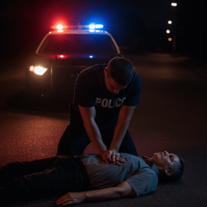 Police officer performing CPR on an unconscious man at night after a road accident, with emergency lights illuminating the dark street.-min