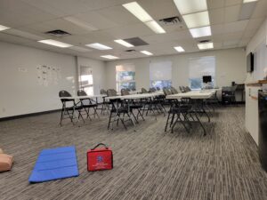 Our spacious South Calgary First Aid and CPR Training Centre offers 1,200+ square feet of comfortable, fully equipped training space to support high-quality, hands-on instruction.